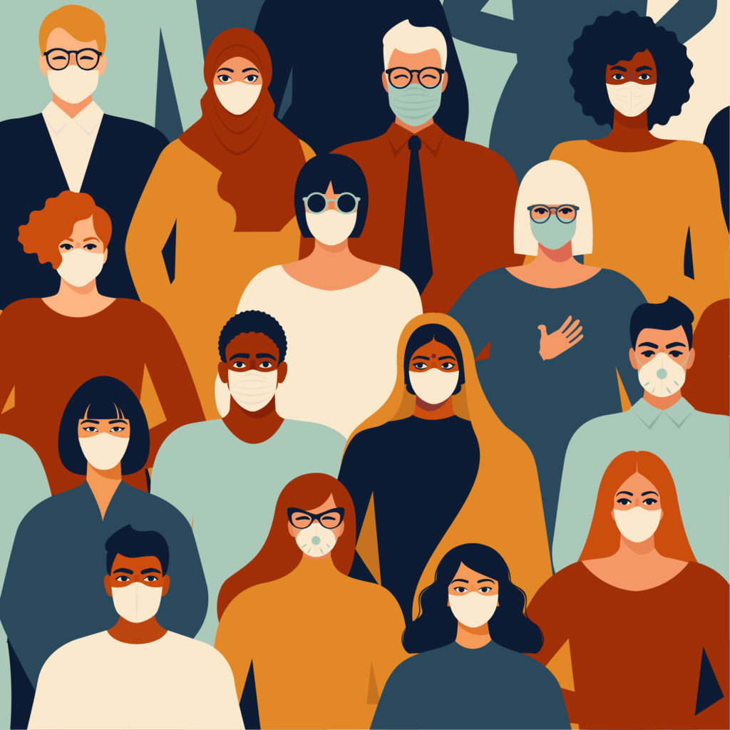 Listening and action. A graphic rendering of people of different hair, eye, and skin colors who are also dressed in differing cultural attire. They all wear masks.