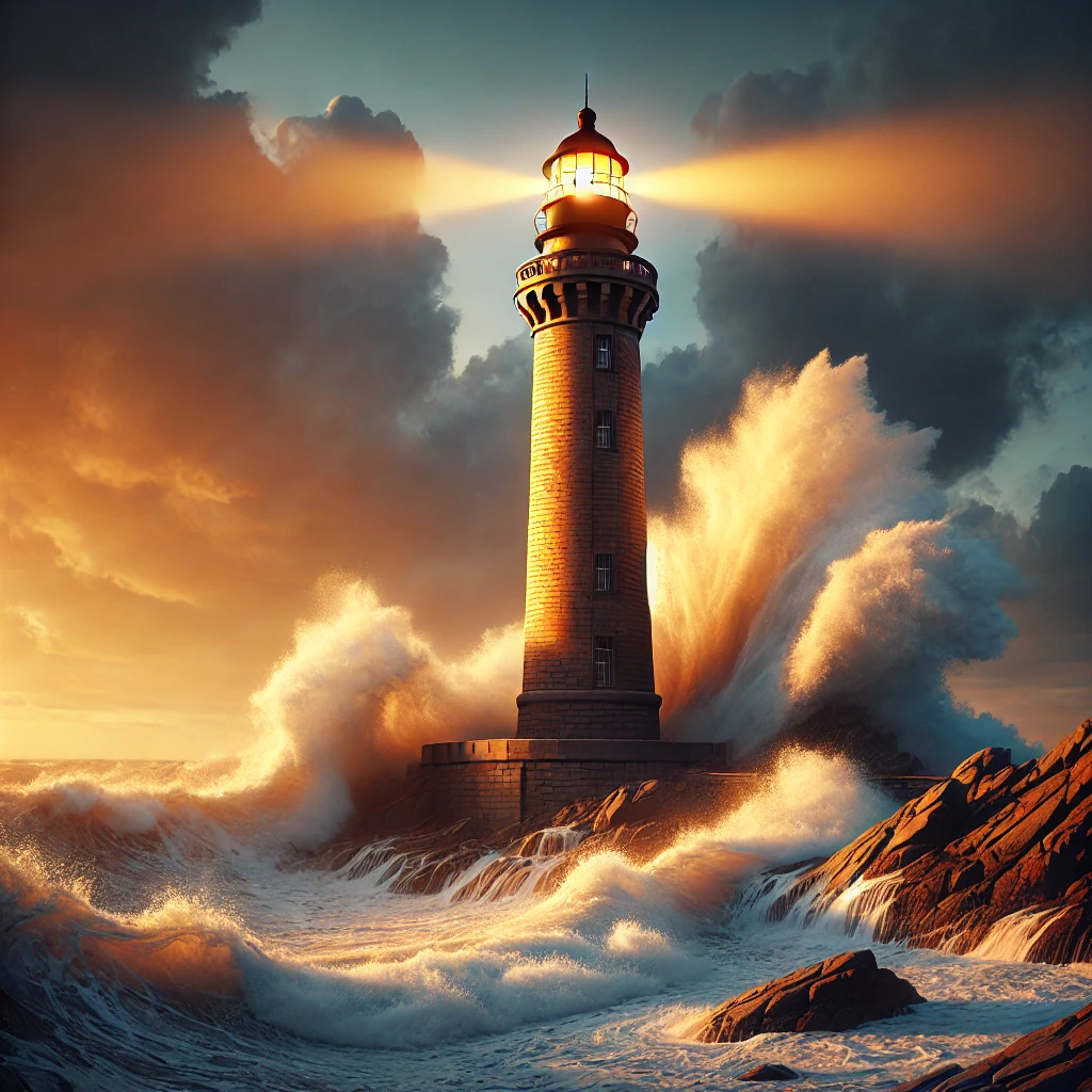 Who is your lighthouse? A lighthouse with golden light and crashing waves.