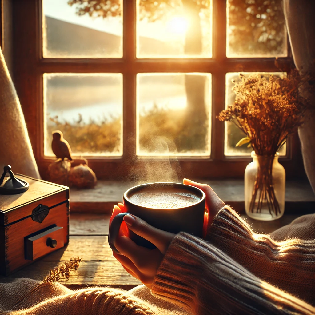 Hands holding a warm beverage, sitting by a window with golden light streaming through.