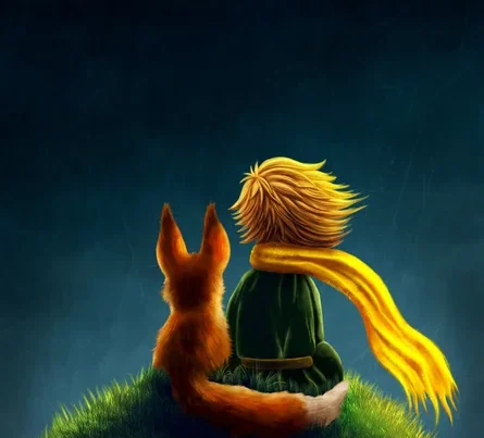 Little Prince image. Boy sitting next to fox on a grassy hill with a bright yellow scarf