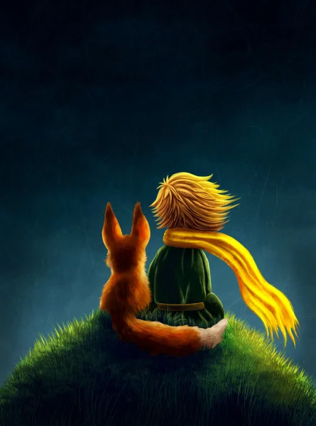 Little Prince image. Boy sitting next to fox on a grassy hill with a bright yellow scarf